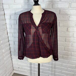 RW & Co Ladies Size Small Burgundy & Coral Sheer Long Sleeves Blouse